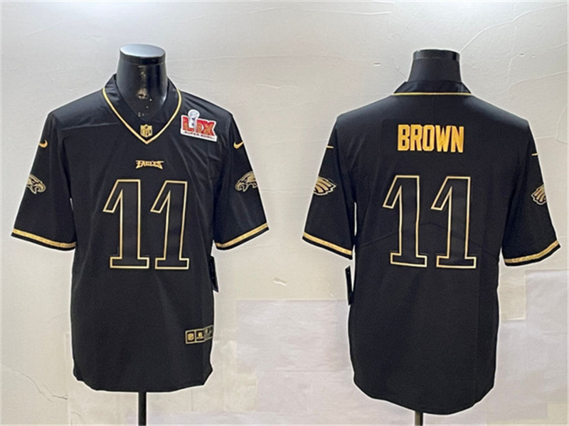 Men's Philadelphia Eagles 11 A. J. Brown Black Gold 2025 Super Bowl LIX Patch Salute To Service Vapor Untouchable Limited Stitched Football Jersey