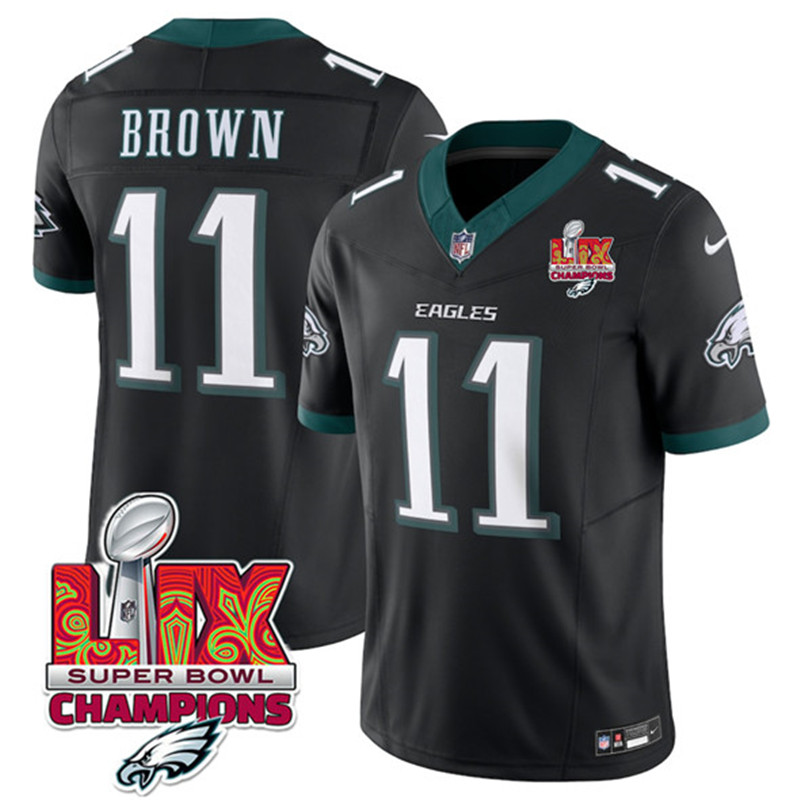 Men's Philadelphia Eagles 11 A.J. Brown Black 2025 Eagles Logo Super Bowl LIX Patch New F.U.S.E. Vapor Untouchable Limited Football Stitched Jersey