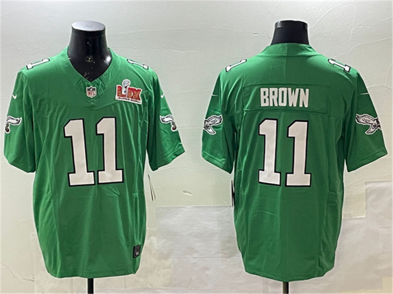 Men's Philadelphia Eagles 11 A.J. Brown Green 2025 Super Bowl LIX Patch F.U.S.E. Throwback Vapor Untouchable Limited Stitched Football Jersey