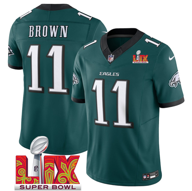 Men's Philadelphia Eagles 11 A.J. Brown Green 2025 Super Bowl LIX Patch New F.U.S.E. Vapor Untouchable Limited Stitched Football Jersey