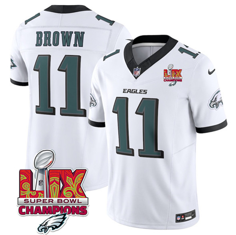 Men's Philadelphia Eagles 11 A.J. Brown White 2025 Eagles Logo Super Bowl LIX Patch New F.U.S.E. Vapor Untouchable Limited Football Stitched Jersey