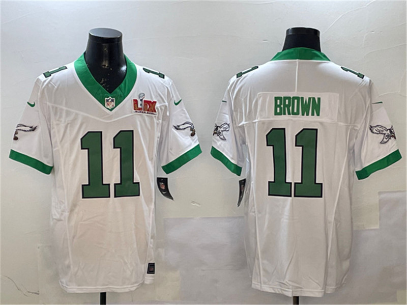 Men's Philadelphia Eagles 11 A.J. Brown White 2025 Super Bowl LIX Patch F.U.S.E. Vapor Untouchable Limited Stitched Football Jersey