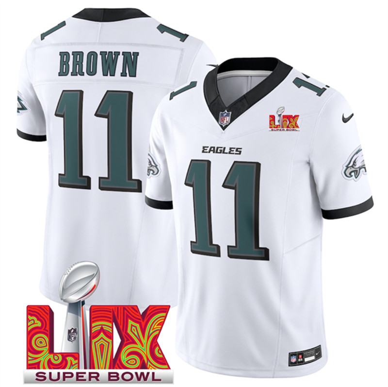 Men's Philadelphia Eagles 11 A.J. Brown White 2025 Super Bowl LIX Patch New F.U.S.E. Vapor Untouchable Limited Stitched Football Jersey