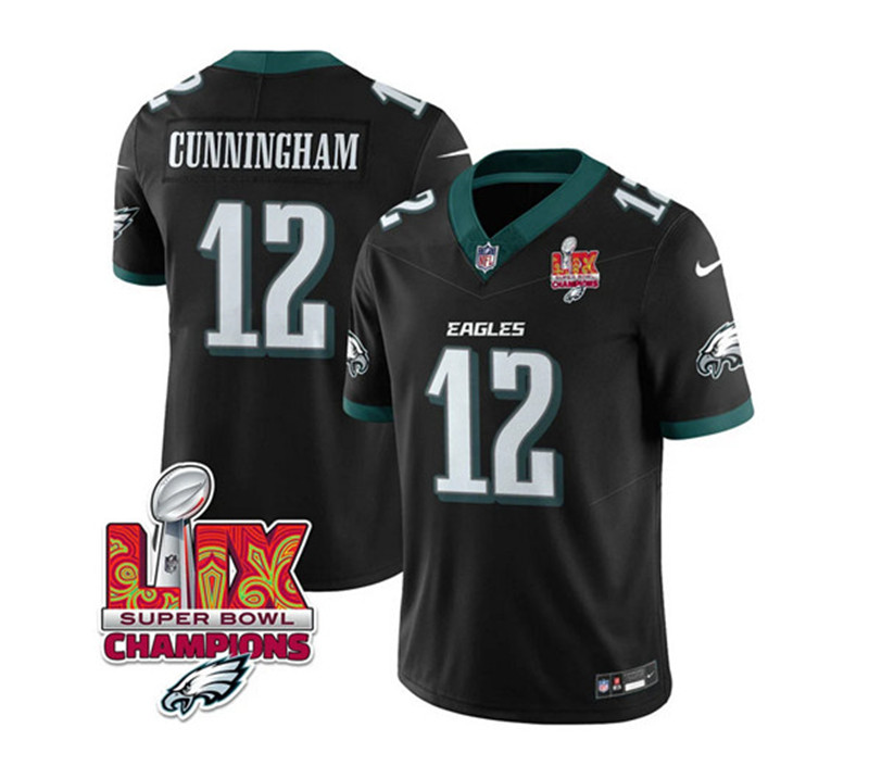 Men's Philadelphia Eagles 12 Randall Cunningham Black 2025 Eagles Logo Super Bowl LIX Patch New F.U.S.E. Vapor Limited Football Stitched Jersey