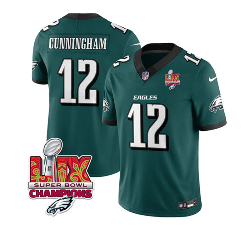 Men's Philadelphia Eagles 12 Randall Cunningham Green 2025 Eagles Logo Super Bowl LIX Patch New F.U.S.E. Vapor Limited Football Stitched Jersey