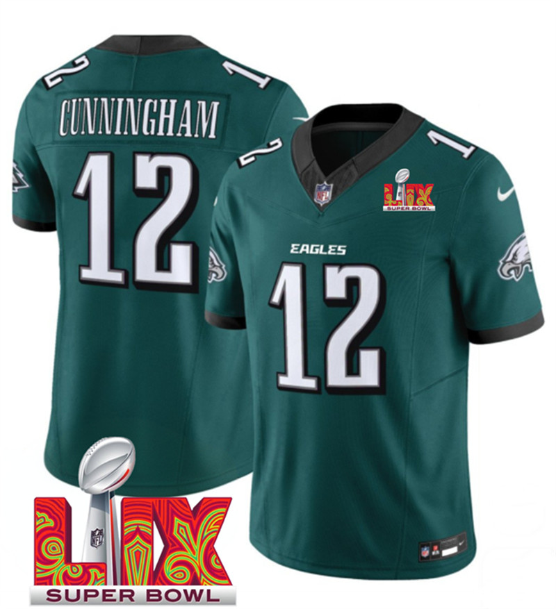 Men's Philadelphia Eagles 12 Randall Cunningham Green 2025 Super Bowl LIX Patch New F.U.S.E. Vapor Limited Stitched Football Jersey