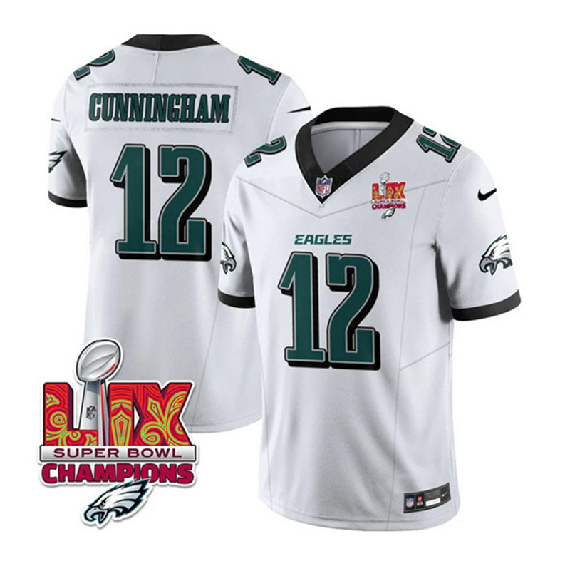 Men's Philadelphia Eagles 12 Randall Cunningham White 2025 Eagles Logo Super Bowl LIX Patch New F.U.S.E. Vapor Limited Football Stitched Jersey