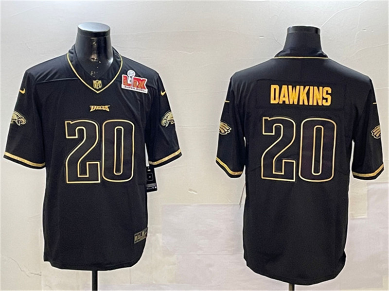Men's Philadelphia Eagles 20 Brian Dawkins Black Gold 2025 Super Bowl LIX Patch Salute To Service Vapor Untouchable Limited Stitched Football Jersey