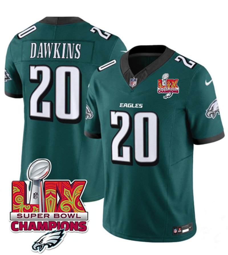 Men's Philadelphia Eagles 20 Brian Dawkins Green 2025 Eagles Logo Super Bowl LIX Patch New F.U.S.E. Vapor Limited Football Stitched Jersey