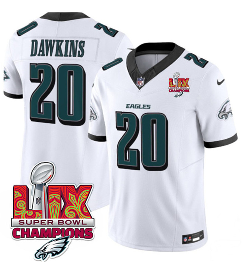 Men's Philadelphia Eagles 20 Brian Dawkins White 2025 Eagles Logo Super Bowl LIX Patch New F.U.S.E. Vapor Untouchable Limited Football Stitched Jersey
