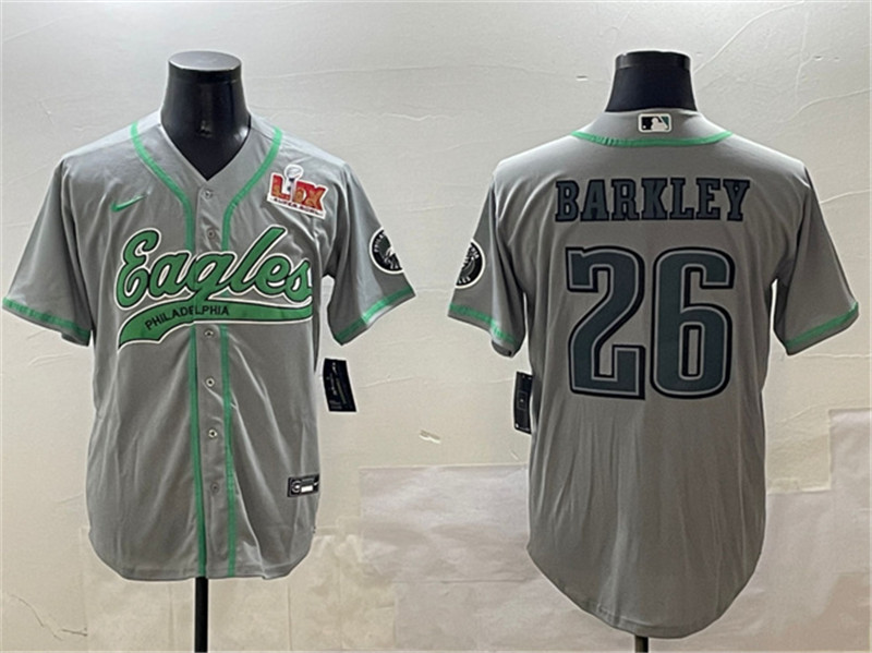Men's Philadelphia Eagles 26 Saquon Barkley Gray 2025 Super Bowl LIX Patch Cool Base Stitched Baseball Jersey