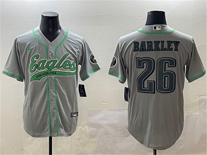 Men's Philadelphia Eagles 26 Saquon Barkley Gray Cool Base Stitched Baseball Jersey