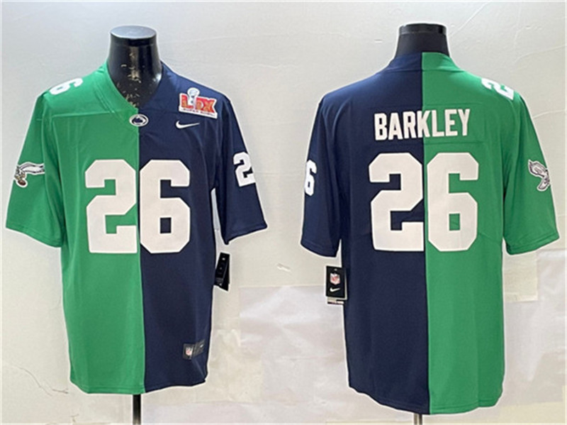 Men's Philadelphia Eagles 26 Saquon Barkley Green & Navy Split 2025 Super Bowl LIX Patch Vapor Untouchable Limited Football Stitched Jersey