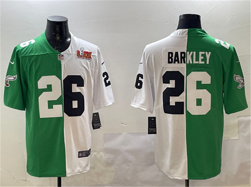 Men's Philadelphia Eagles 26 Saquon Barkley Green White Split 2025 Super Bowl LIX Patch Vapor Untouchable Limited Football Stitched Jersey