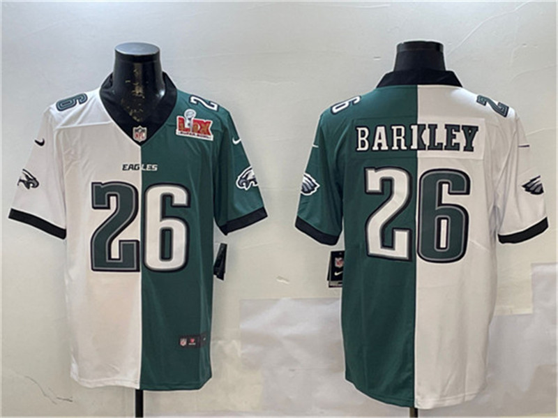 Men's Philadelphia Eagles 26 Saquon Barkley White & Green Split 2025 Super Bowl LIX Patch Vapor Untouchable Limited Football Stitched Jersey