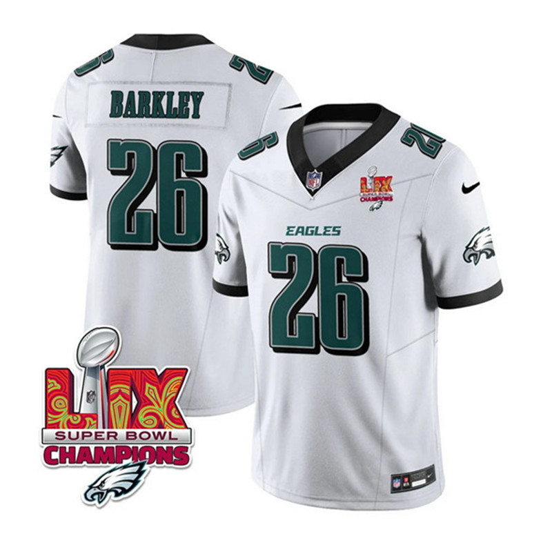 Men's Philadelphia Eagles 26 Saquon Barkley White 2025 Eagles Logo Super Bowl LIX Patch New F.U.S.E. Vapor Untouchable Limited Football Stitched Jersey