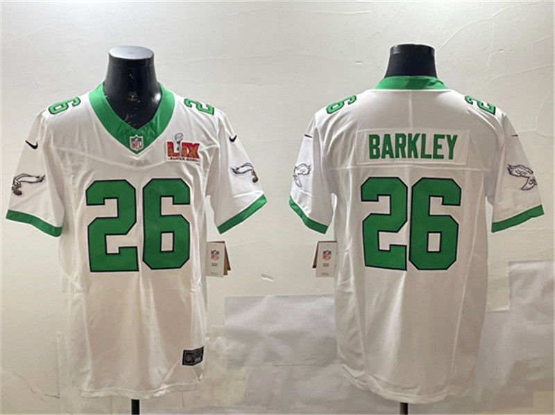 Men's Philadelphia Eagles 26 Saquon Barkley White 2025 Super Bowl LIX Patch F.U.S.E. Vapor Untouchable Limited Stitched Football Jersey