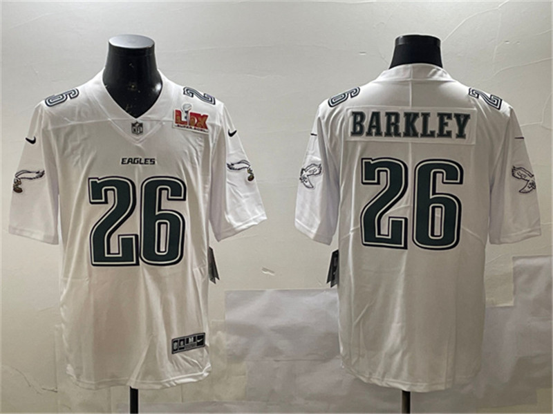 Men's Philadelphia Eagles 26 Saquon Barkley White 2025 Super Bowl LIX Patch Fashion Vapor Untouchable Limited Stitched Football Jersey