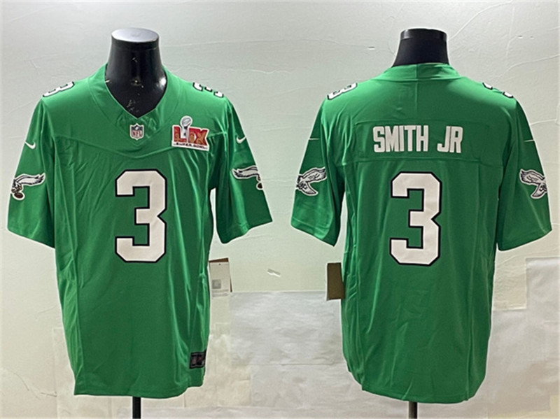 Men's Philadelphia Eagles 3 Nolan Smith Jr. Green 2025 Super Bowl LIX Patch F.U.S.E. Throwback Vapor Untouchable Limited Stitched Football Jersey