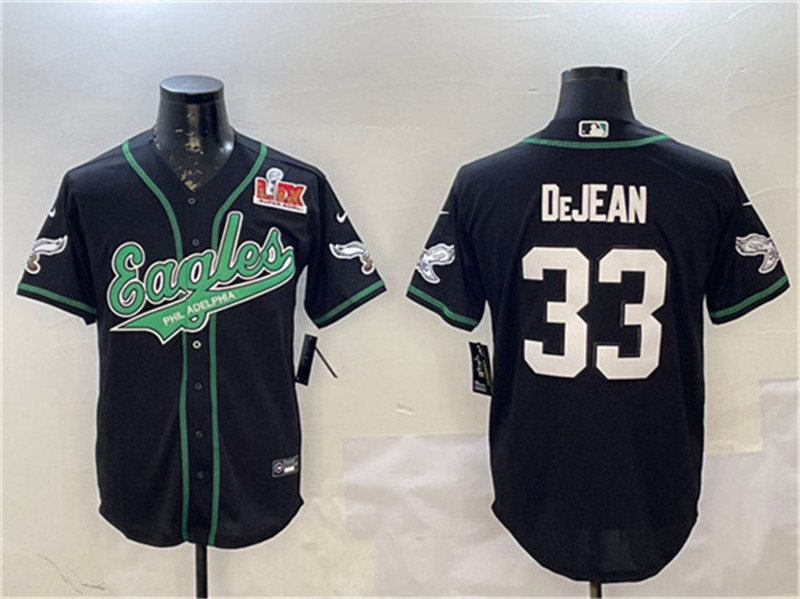 Men's Philadelphia Eagles 33 Cooper DeJean Black 2025 Super Bowl LIX Patch Cool Base Stitched Baseball Jersey