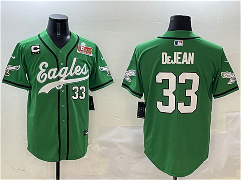 Men's Philadelphia Eagles 33 Cooper DeJean Green 2025 Super Bowl LIX And 3 Star C Patch Stitched Baseball Jersey