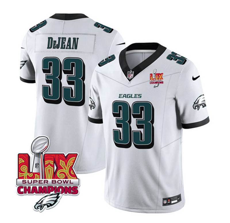 Men's Philadelphia Eagles 33 Cooper DeJean White 2025 Eagles Logo Super Bowl LIX Patch New F.U.S.E. Vapor Untouchable Limited Football Stitched Jersey