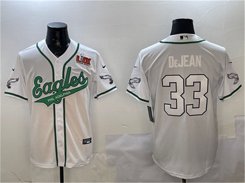 Men's Philadelphia Eagles 33 Cooper DeJean White 2025 Super Bowl LIX Patch Cool Base Stitched Baseball Jersey