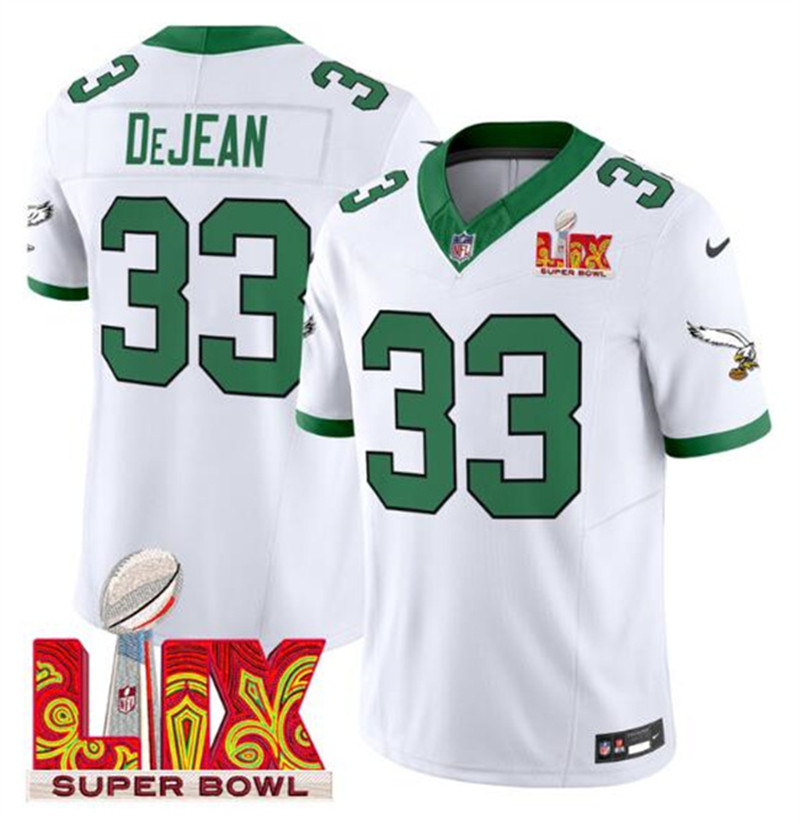 Men's Philadelphia Eagles 33 Cooper DeJean White 2025 Super Bowl LIX Patch F.U.S.E. Vapor Untouchable Limited Stitched Football Jersey