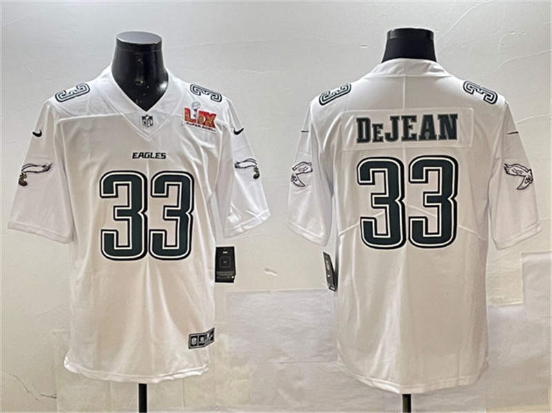 Men's Philadelphia Eagles 33 Cooper DeJean White 2025 Super Bowl LIX Patch Fashion New Vapor Untouchable Limited Stitched Football Jersey
