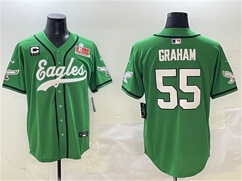 Men's Philadelphia Eagles 55 Brandon Graham Green 2025 Super Bowl LIX And 3 Star C Patch Stitched Baseball Jersey
