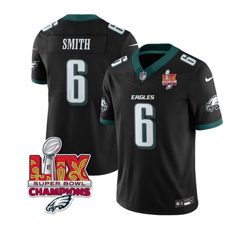 Men's Philadelphia Eagles 6 DeVonta Smith Black 2025 Eagles Logo Super Bowl LIX Patch New F.U.S.E. Vapor Limited Football Stitched Jersey