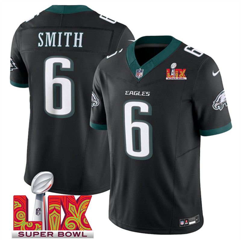 Men's Philadelphia Eagles 6 DeVonta Smith Black 2025 Super Bowl LIX Patch New F.U.S.E. Vapor Limited Stitched Football Jersey