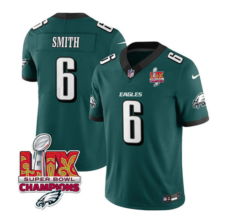 Men's Philadelphia Eagles 6 DeVonta Smith Green 2025 Eagles Logo Super Bowl LIX Patch New F.U.S.E. Vapor Limited Football Stitched Jersey
