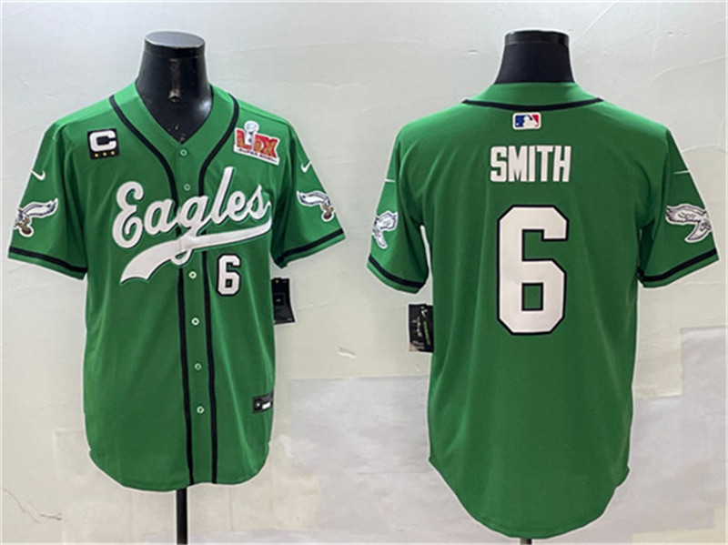 Men's Philadelphia Eagles 6 DeVonta Smith Green 2025 Super Bowl LIX And 3 Star C Patch Stitched Baseball Jersey