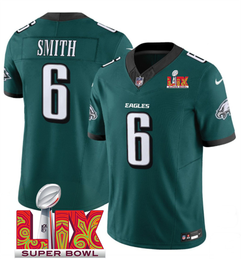 Men's Philadelphia Eagles 6 DeVonta Smith Green 2025 Super Bowl LIX Patch New F.U.S.E. Vapor Limited Stitched Football Jersey