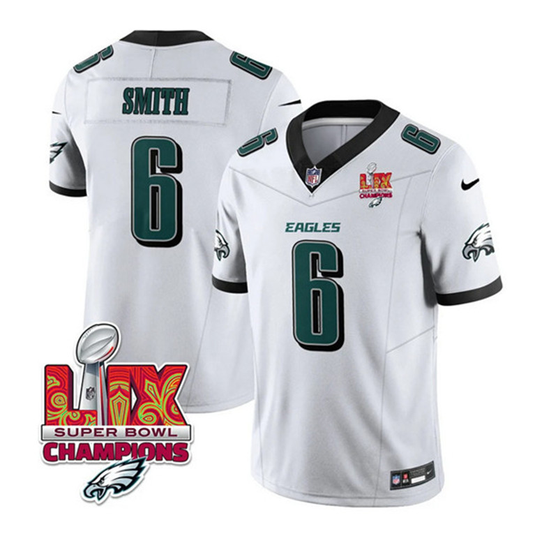 Men's Philadelphia Eagles 6 DeVonta Smith White 2025 Eagles Logo Super Bowl LIX Patch New F.U.S.E. Vapor Untouchable Limited Football Stitched Jersey