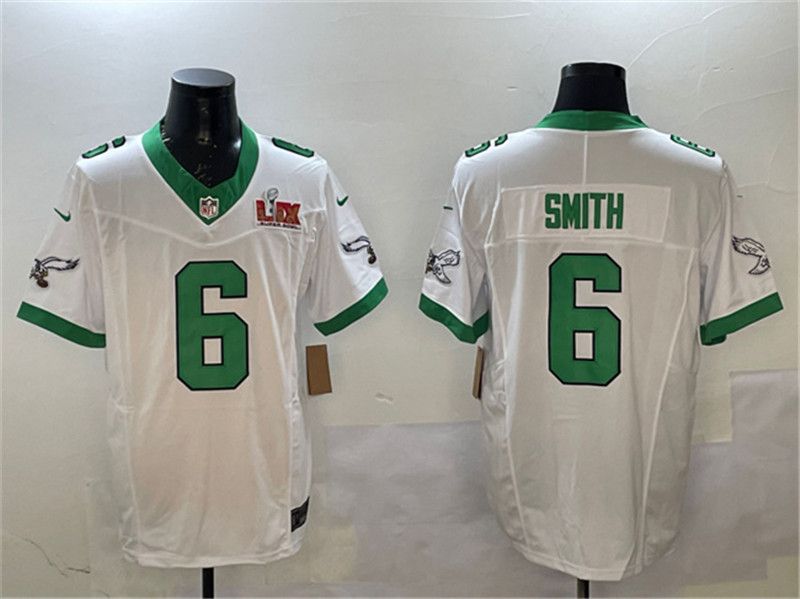 Men's Philadelphia Eagles 6 DeVonta Smith White 2025 Super Bowl LIX Patch F.U.S.E. Vapor Untouchable Limited Stitched Football Jersey