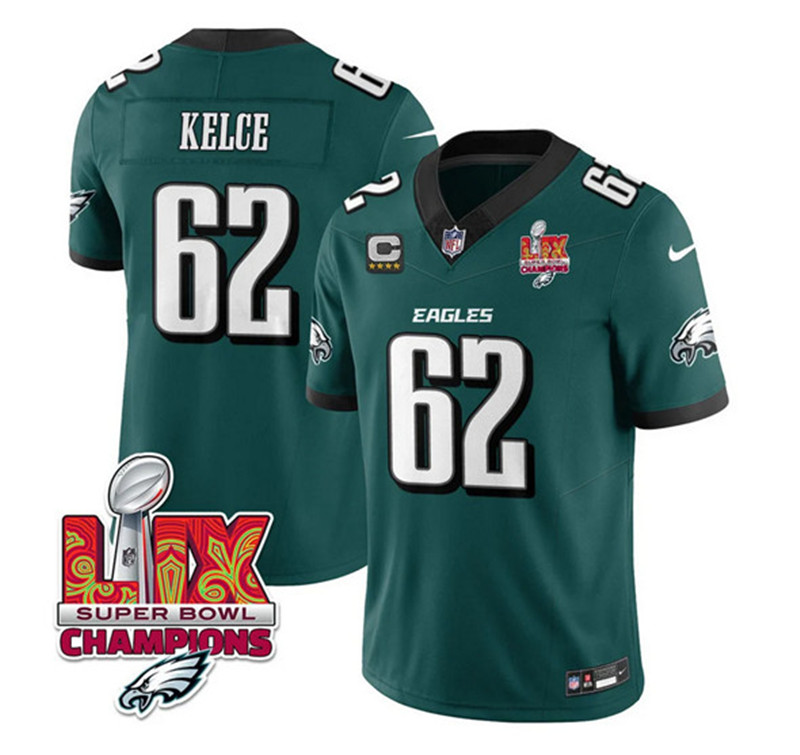 Men's Philadelphia Eagles 62 Jason Kelce Green 2025 Eagles Logo Super Bowl LIX Patch And 4 Star C Patch New F.U.S.E. Vapor Limited Football Stitched Jersey