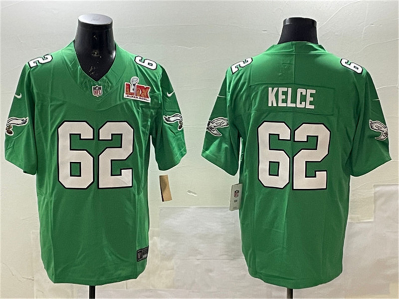 Men's Philadelphia Eagles 62 Jason Kelce Green 2025 Super Bowl LIX Patch F.U.S.E. Throwback Vapor Untouchable Limited Stitched Football Jersey