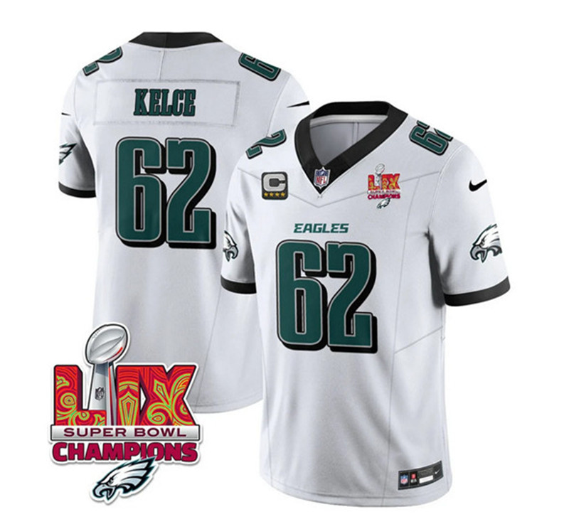 Men's Philadelphia Eagles 62 Jason Kelce White 2025 Eagles Logo Super Bowl LIX Patch And 4 Star C Patch New F.U.S.E. Vapor Limited Football Stitched Jersey