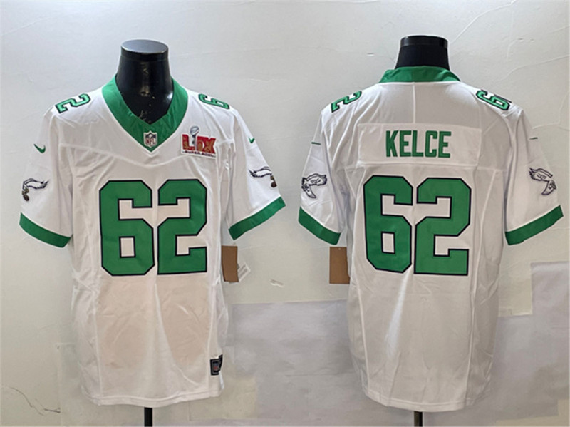Men's Philadelphia Eagles 62 Jason Kelce White 2025 Super Bowl LIX Patch F.U.S.E. Vapor Untouchable Limited Stitched Football Jersey