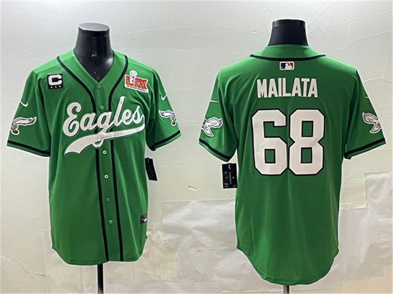 Men's Philadelphia Eagles 68 Jordan Mailata Green 2025 Super Bowl LIX And 3 Star C Patch Stitched Baseball Jersey