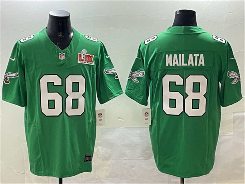 Men's Philadelphia Eagles 68 Jordan Mailata Green 2025 Super Bowl LIX Patch F.U.S.E. Throwback Vapor Untouchable Limited Stitched Football Jersey