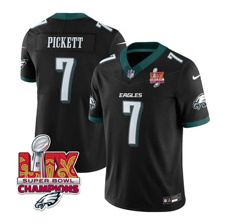 Men's Philadelphia Eagles 7 Kenny Pickett Black 2025 Eagles Logo Super Bowl LIX Patch New F.U.S.E. Vapor Limited Football Stitched Jersey