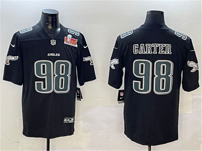 Men's Philadelphia Eagles 98 Jalen Carter Black 2025 Super Bowl LIX Patch Fashion New Vapor Untouchable Limited Football Stitched Jersey