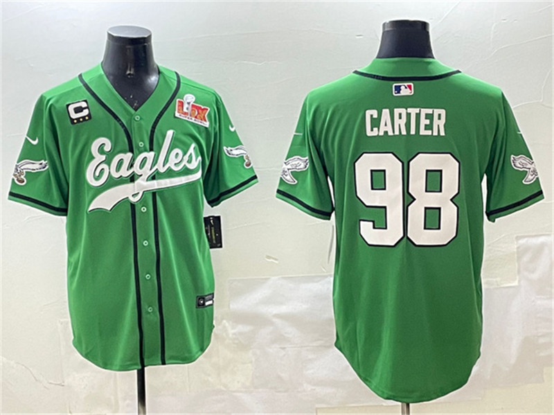 Men's Philadelphia Eagles 98 Jalen Carter Green 2025 Super Bowl LIX And 3 Star C Patch Stitched Baseball Jersey