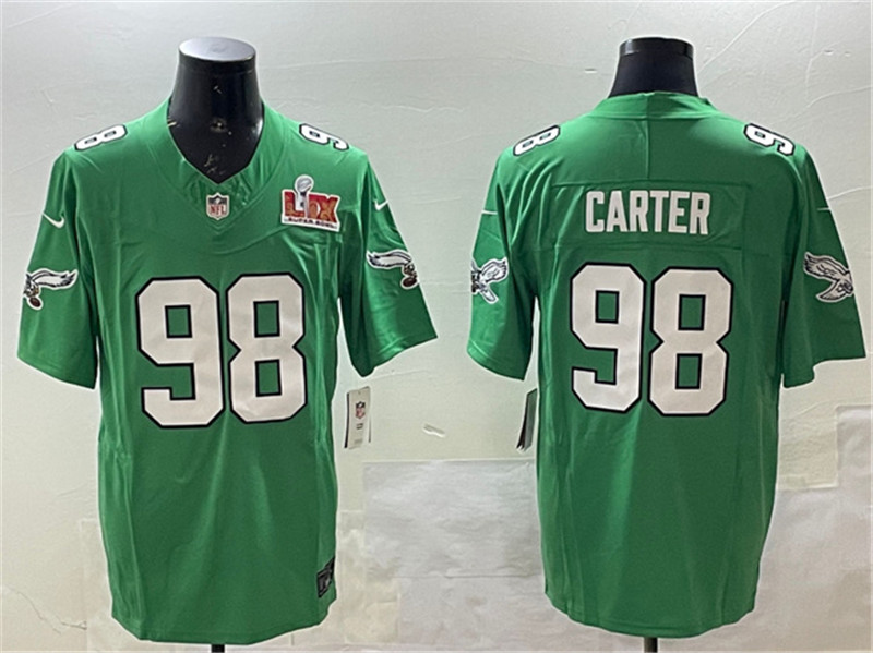 Men's Philadelphia Eagles 98 Jalen Carter Green 2025 Super Bowl LIX Patch F.U.S.E. Throwback Vapor Untouchable Limited Stitched Football Jersey