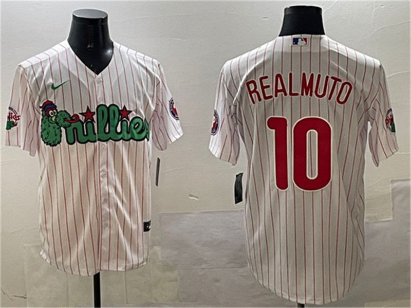 Men's Philadelphia Phillies 10 J.T. Realmuto White Phanatic Cool Base Stitched Jersey
