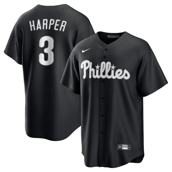 Men's Philadelphia Phillies 3 Bryce Harper Black Lights Out Limited Stitched Baseball Jersey