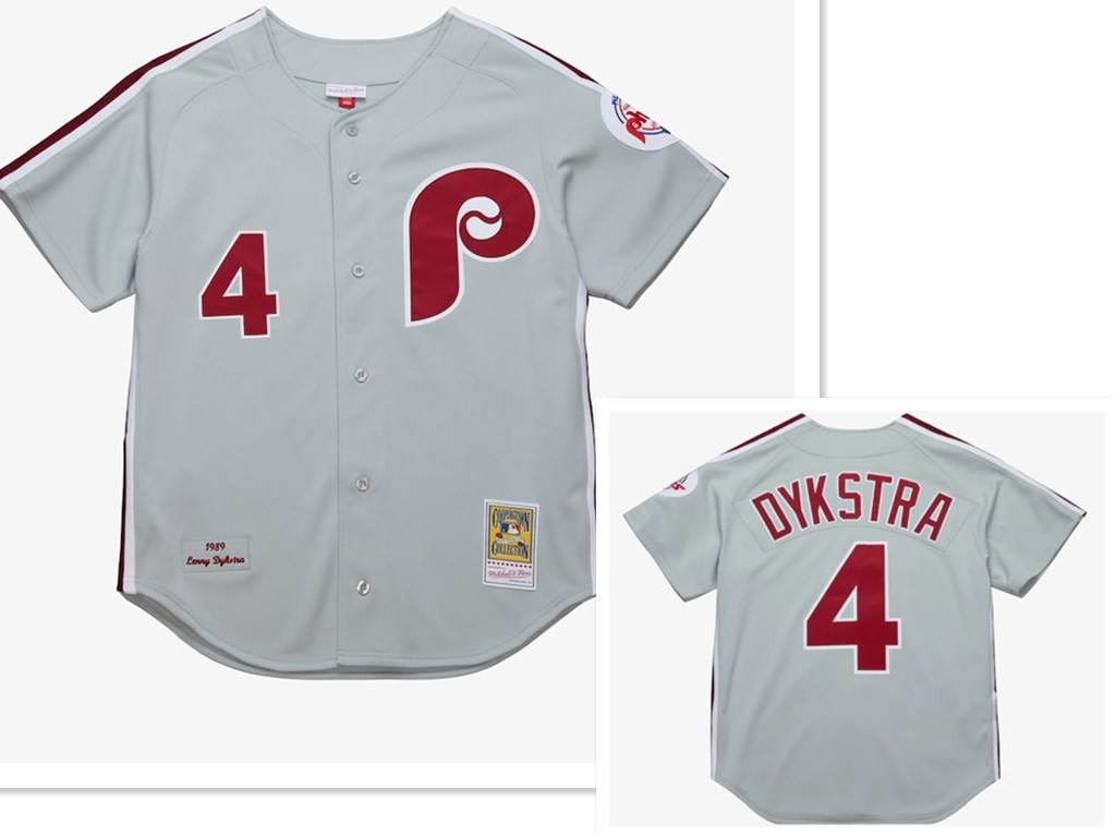 Men's Philadelphia Phillies 4 Lenny Dykstra Mitchell and Ness Grey 1989 Throwback Stitched MLB Jersey